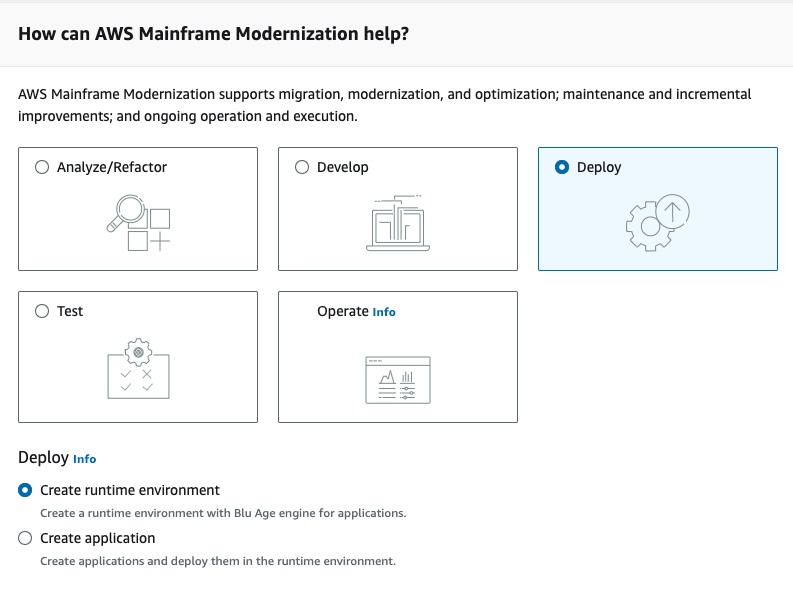 “您希望如何开始使用 AWS Mainframe Modernization”部分（已选择“部署”和“创建运行时环境”）。