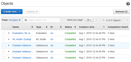 Objects table showing completed evaluations, ML models, and datasources with creation times.