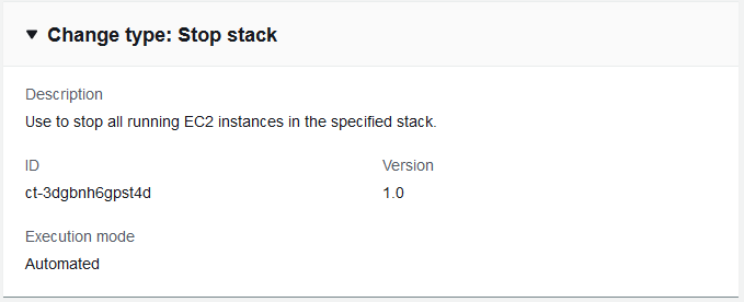 变更 type details for stopping EC2 instances in a specified stack, including ID and version.