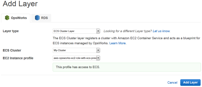 Form for adding an ECS 集群 Layer, showing layer type, 集群 selection, and EC2 instance profile options.