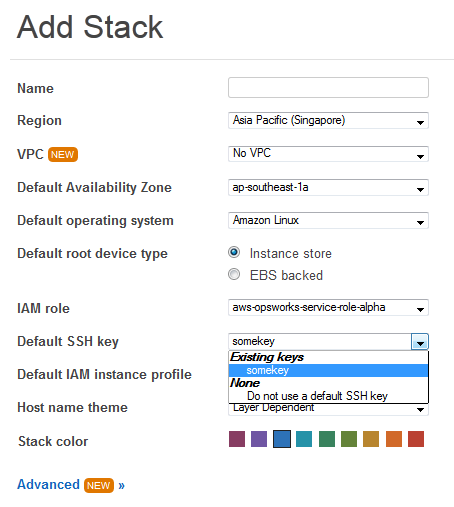 
                “Add stack”页上的“Default SSH key”列表 
            
