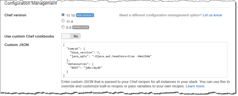 Configuration management options with Chef version selections and custom JSON input field. (AI generated)