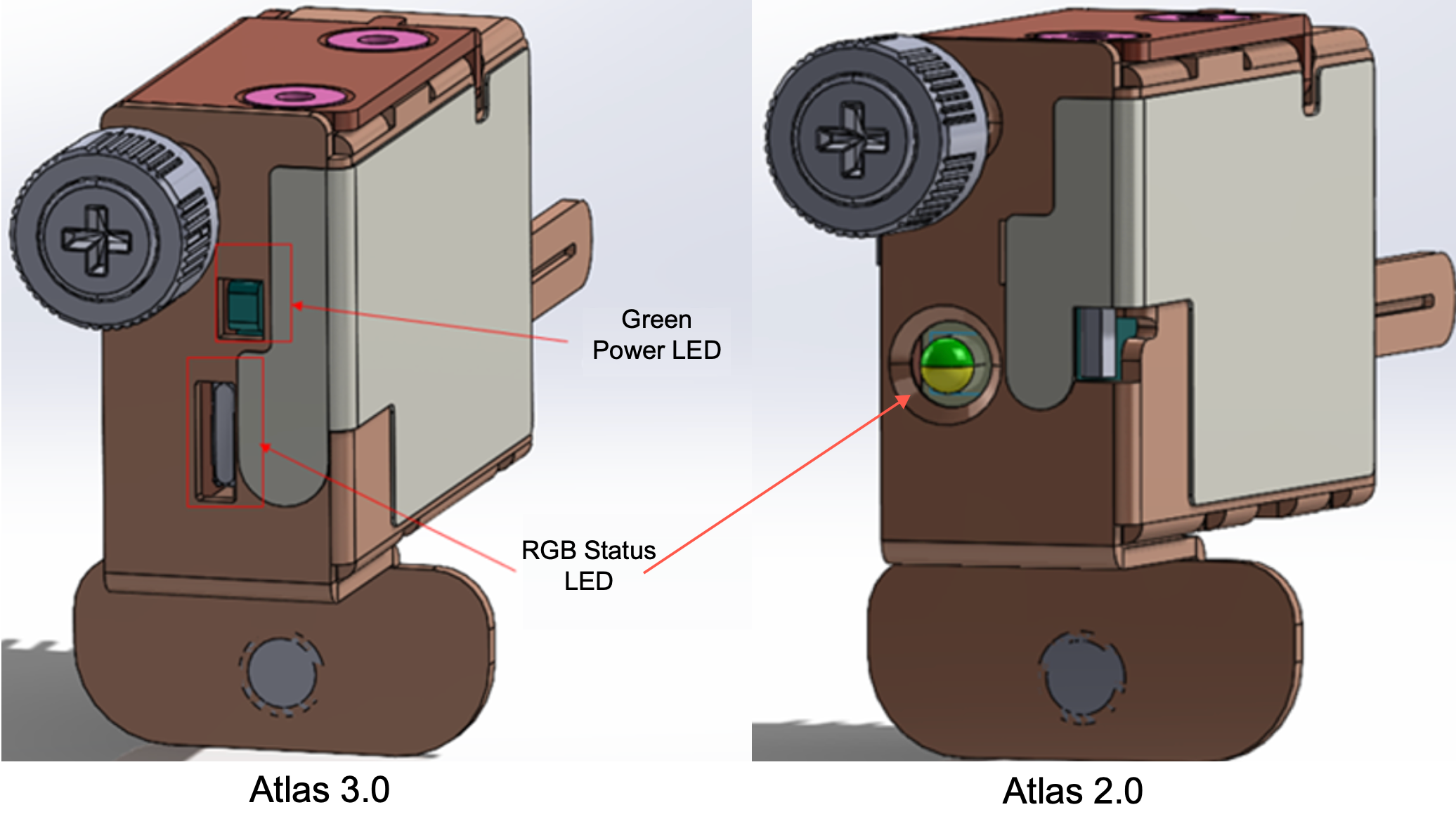 Atlas 2.0 和 3.0 NSK 的图片，每个 NSK 上都有 RGB 状态 LED，Atlas 3.0 上有绿色 Power LED。