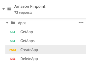 Amazon Pinpoint Postman 集合中的“应用程序”文件夹。