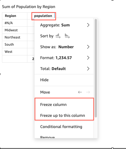 Dropdown menu for a population column with options to freeze, format, and aggregate data.