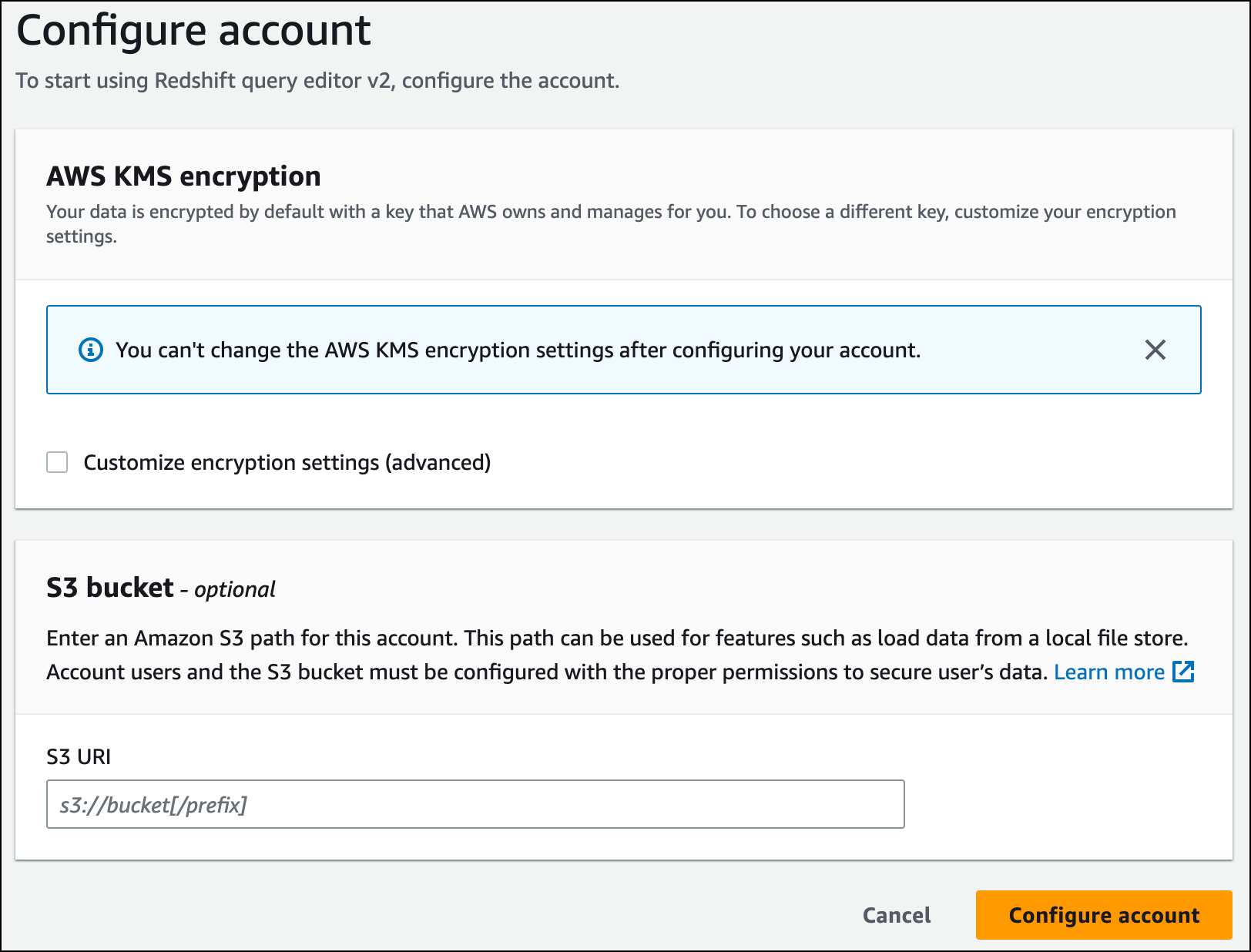 在继续操作之前，请配置 AWS KMS 加密并指定 S3 存储桶 URI。