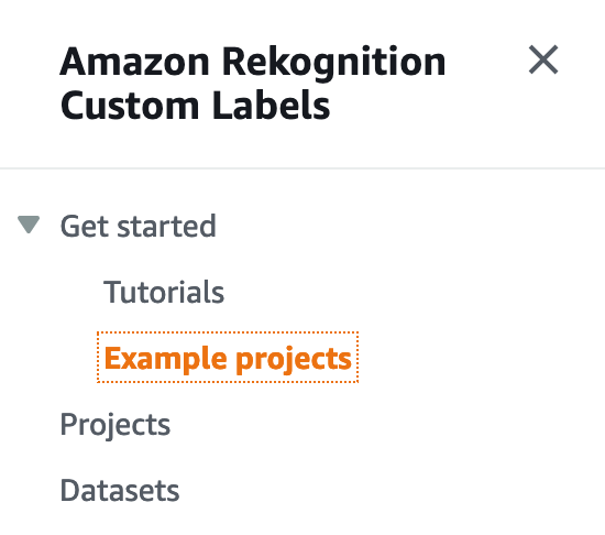 Amazon Rekognition Custom Labels 部分显示“入门”、“教程”（突出显示了“示例项目”）、“项目”和“数据集”。