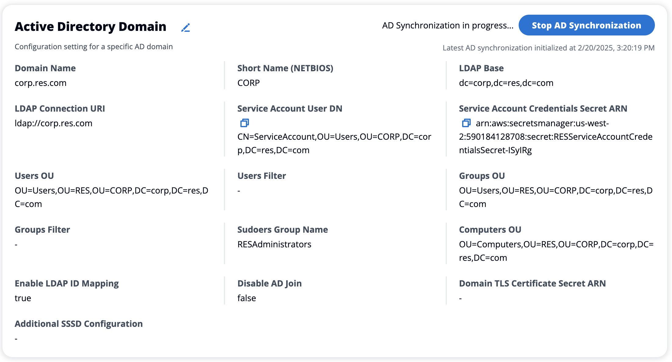 显示停止同步选项的 Active Directory 域配置页面