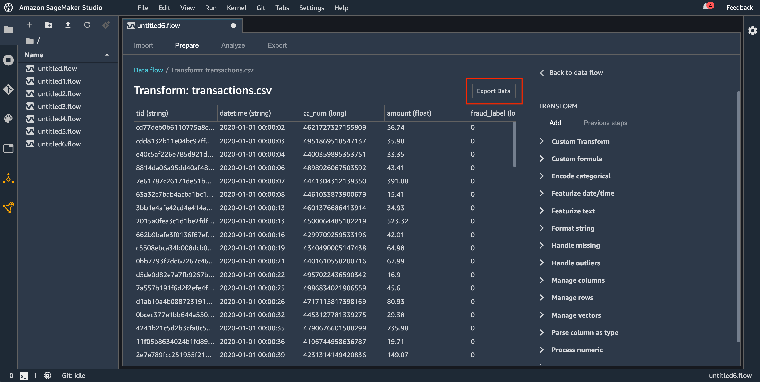 显示如何在 Data Wrangler 管理控制台中导出数据的数据流示例。