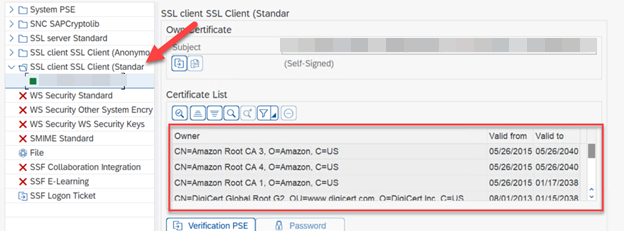 SSL 客户端标准 PSE 中的证书列表示例。