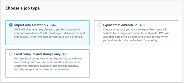 选择作业类型面板，该面板显示所选的“导入 Amazon S3”作业类型。