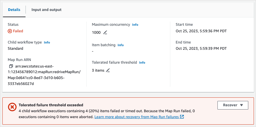 Map Run 详细信息 页面上显示 Map Run 失败的错误消息。该错误消息还显示了从故障中恢复的选项。