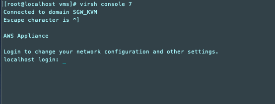 Linux 终端显示 virsh 控制台命令和 AWS 设备登录提示符。