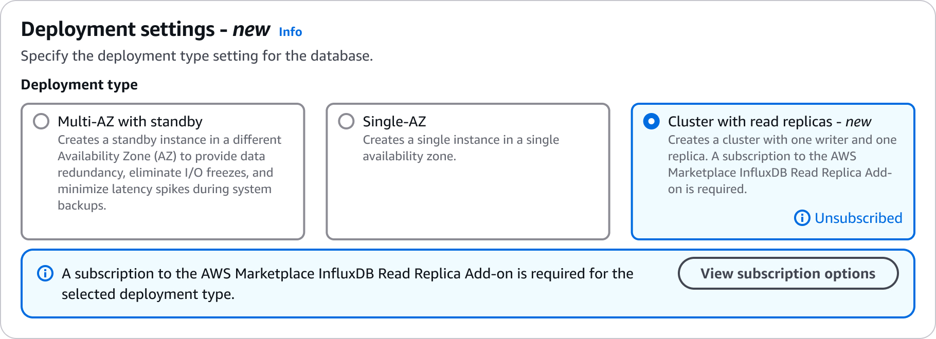创建 InfluxDB 数据库界面，显示新数据库可用的不同部署设置。已选择带有只读副本的集群选项。