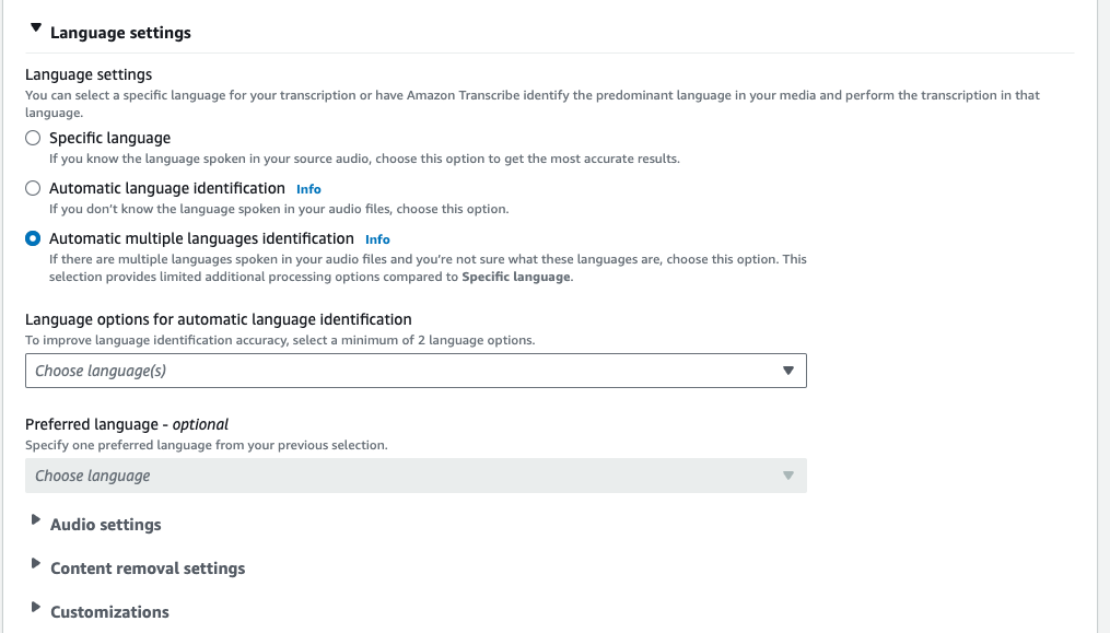 Amazon Transcribe 控制台屏幕截图：展开的“语言设置”选项卡。