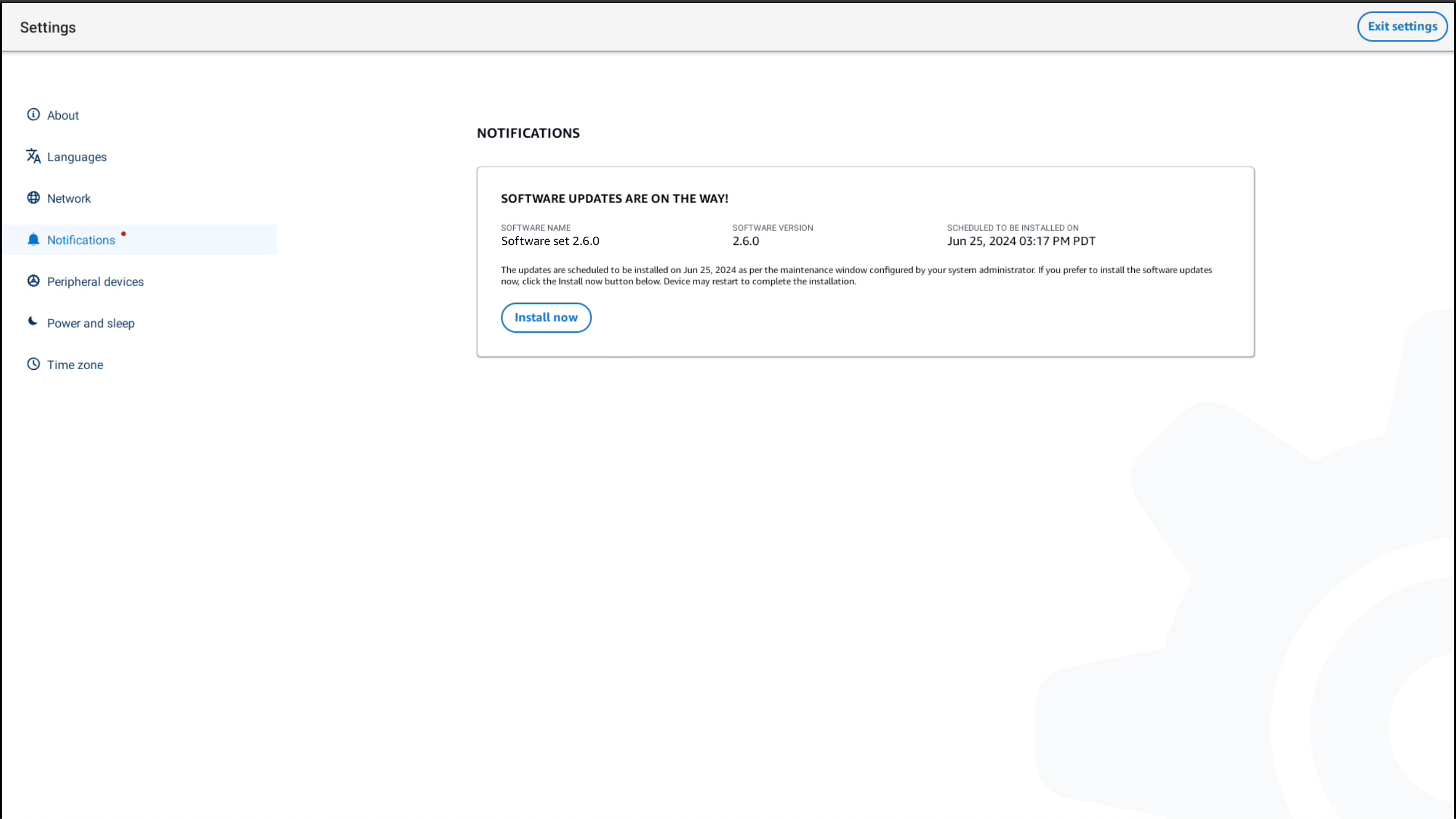 Settings page showing software update notification for Software set 2.6.0 scheduled for Jun 25, 2024.