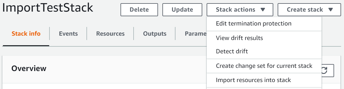 
       主控台中 Import resource into stack (將資源匯入堆疊) 的選項。
      