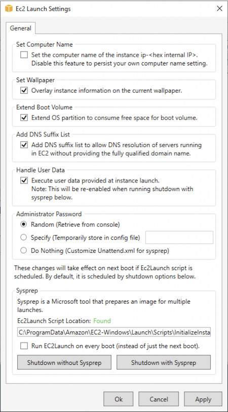 EC2 Launch Settings application (EC2 Launch 設定應用程式)