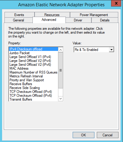 範例：Windows Device Manager (裝置管理員) 中顯示的 ENA 轉接器屬性。
