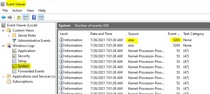 範例：在 Windows 事件檢視器系統訊息清單中顯示的 ENA 驅動程式事件。