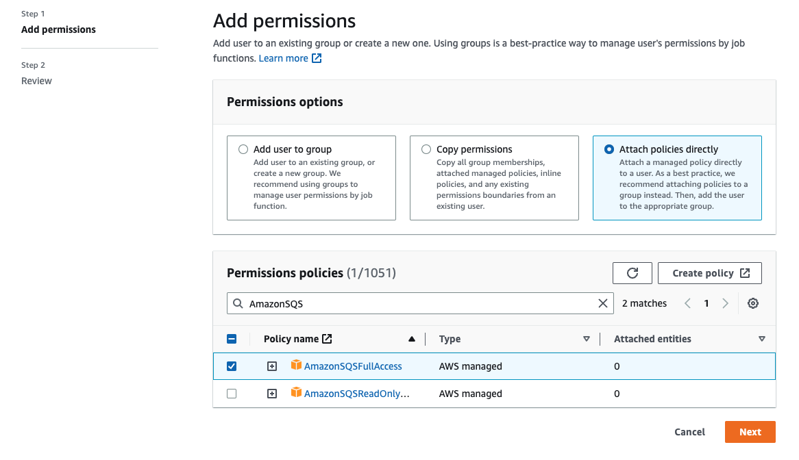 Amazon SQS 顯示AmazonSQSFullAccess啟動、取消和列出無效字母佇列再驅動任務以及唯讀存取任務AmazonSQSReadOnlyAccess的許可政策。