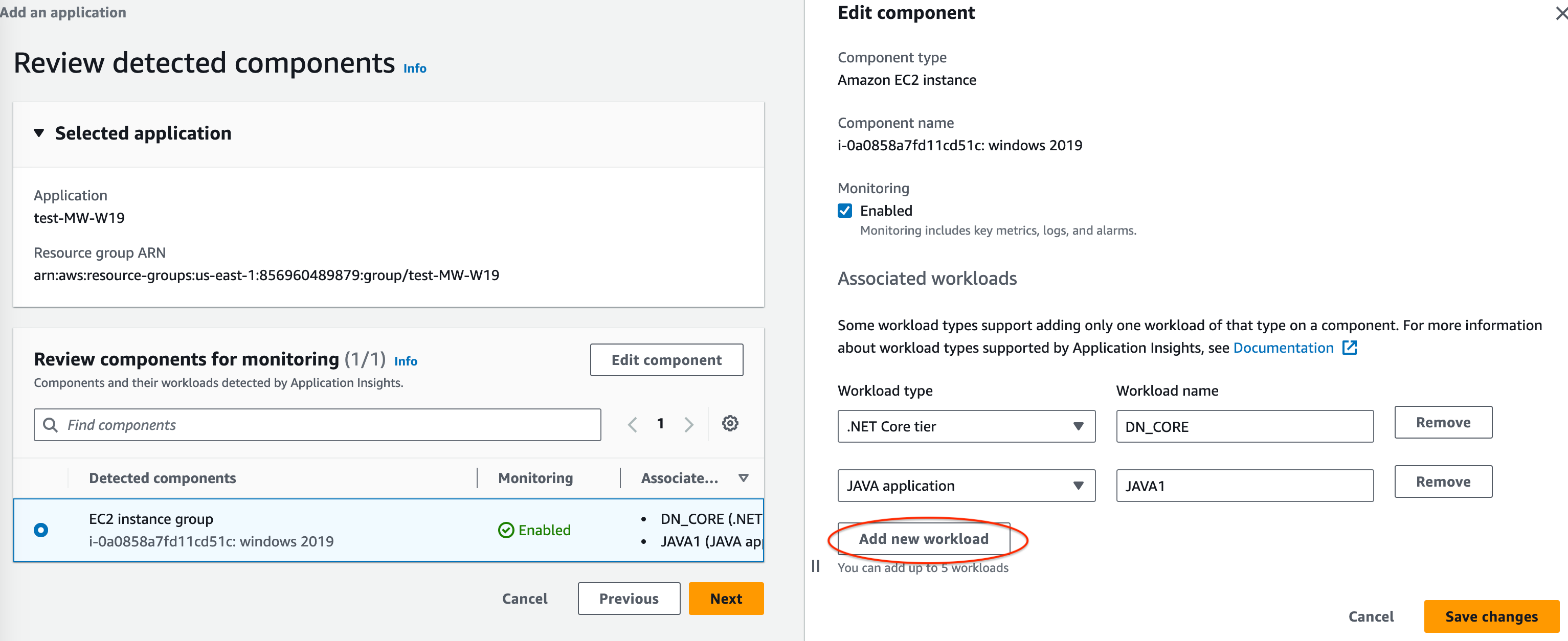 CloudWatch Application Insights 主控台的「編輯元件」區段：可加入新工作負載的左下角按鈕。