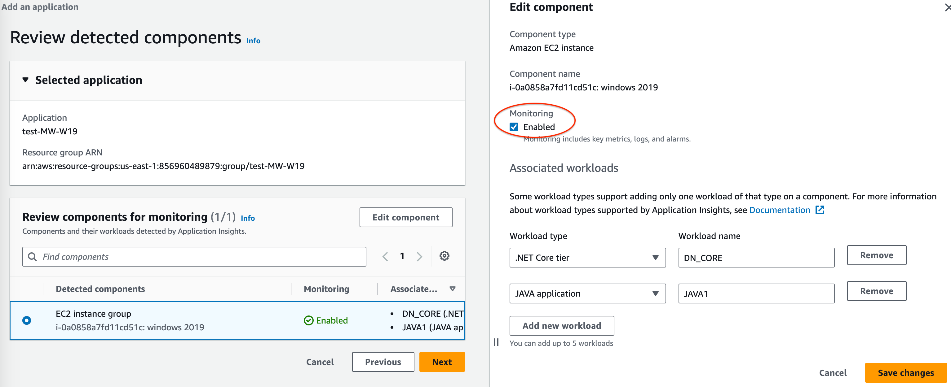 可停用監控功能的 CloudWatch Application Insights 核取方塊的編輯元件區段。