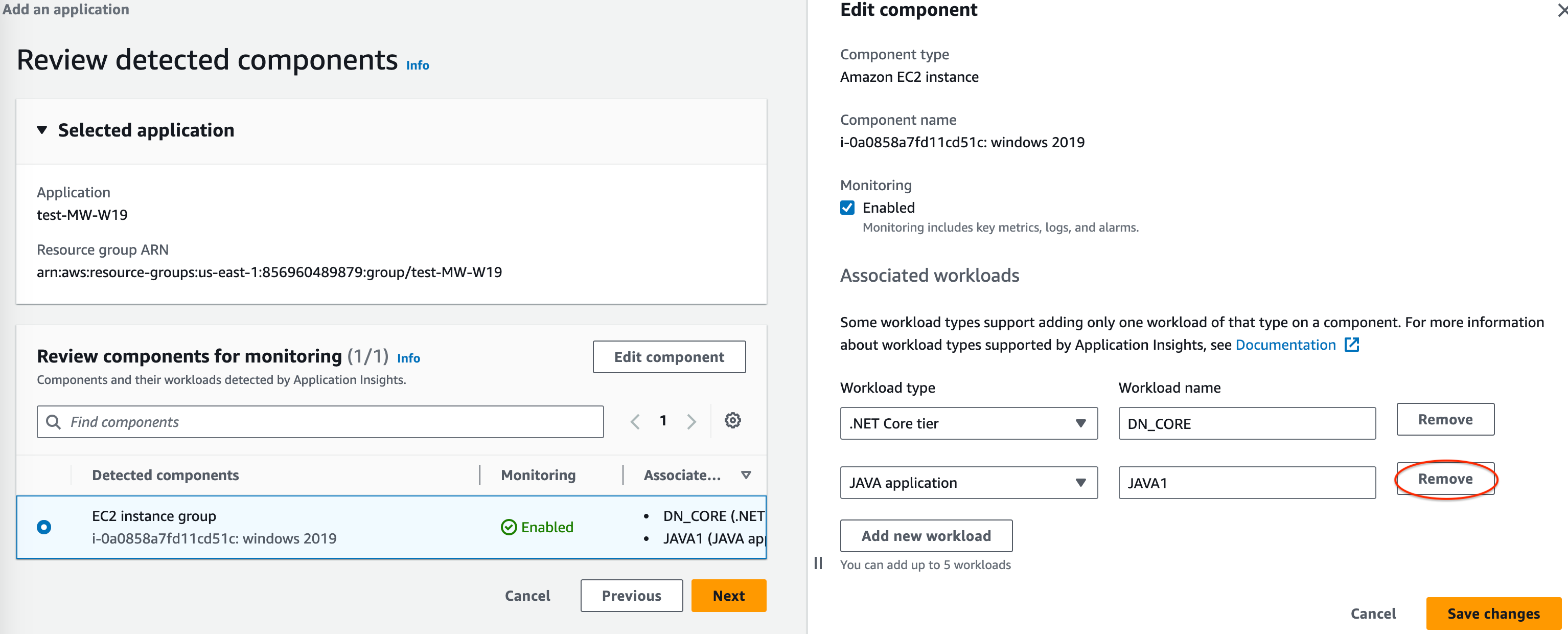 CloudWatch Application Insights 主控台的「編輯元件」區段：移除工作負載。