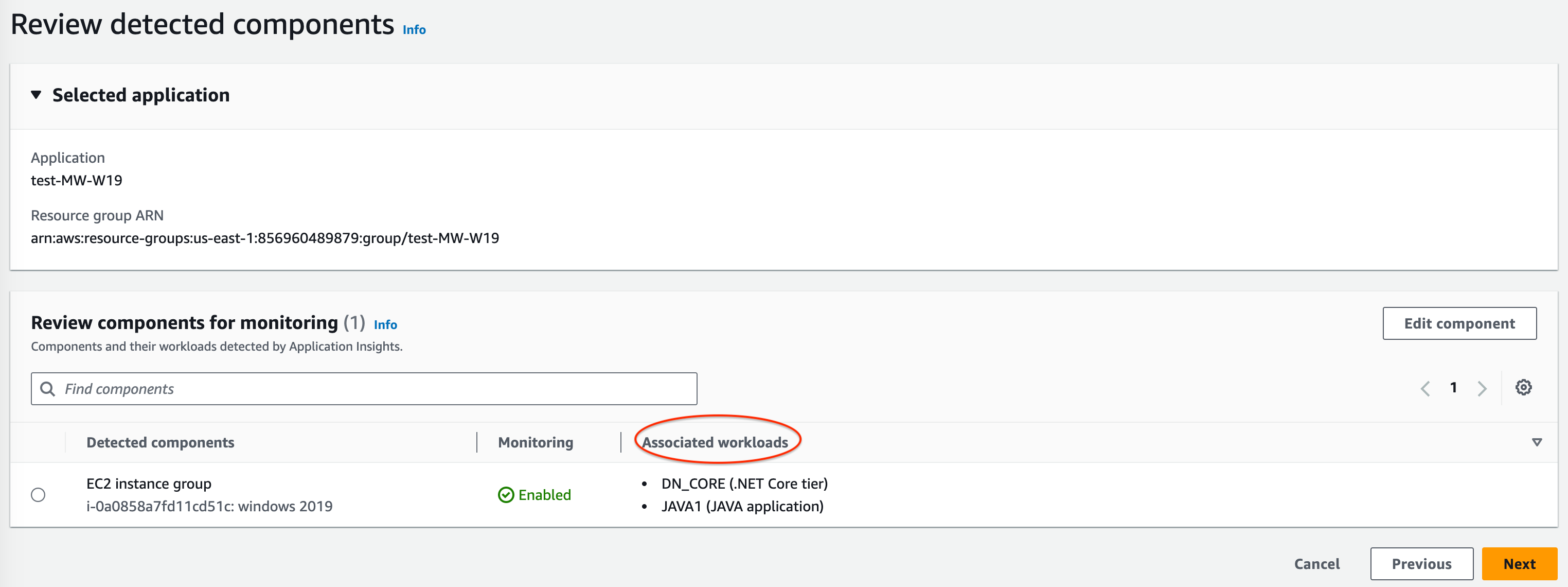 CloudWatch Application Insights 主控台的「偵測到的元件」區段：偵測到的元件和關聯的工作負載之概觀。