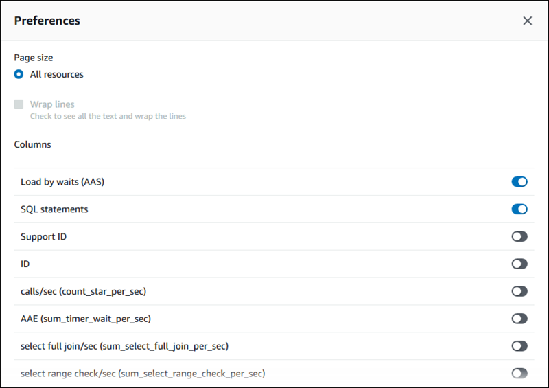 執行 MySQL 資料庫執行個體查詢的指標偏好設定。