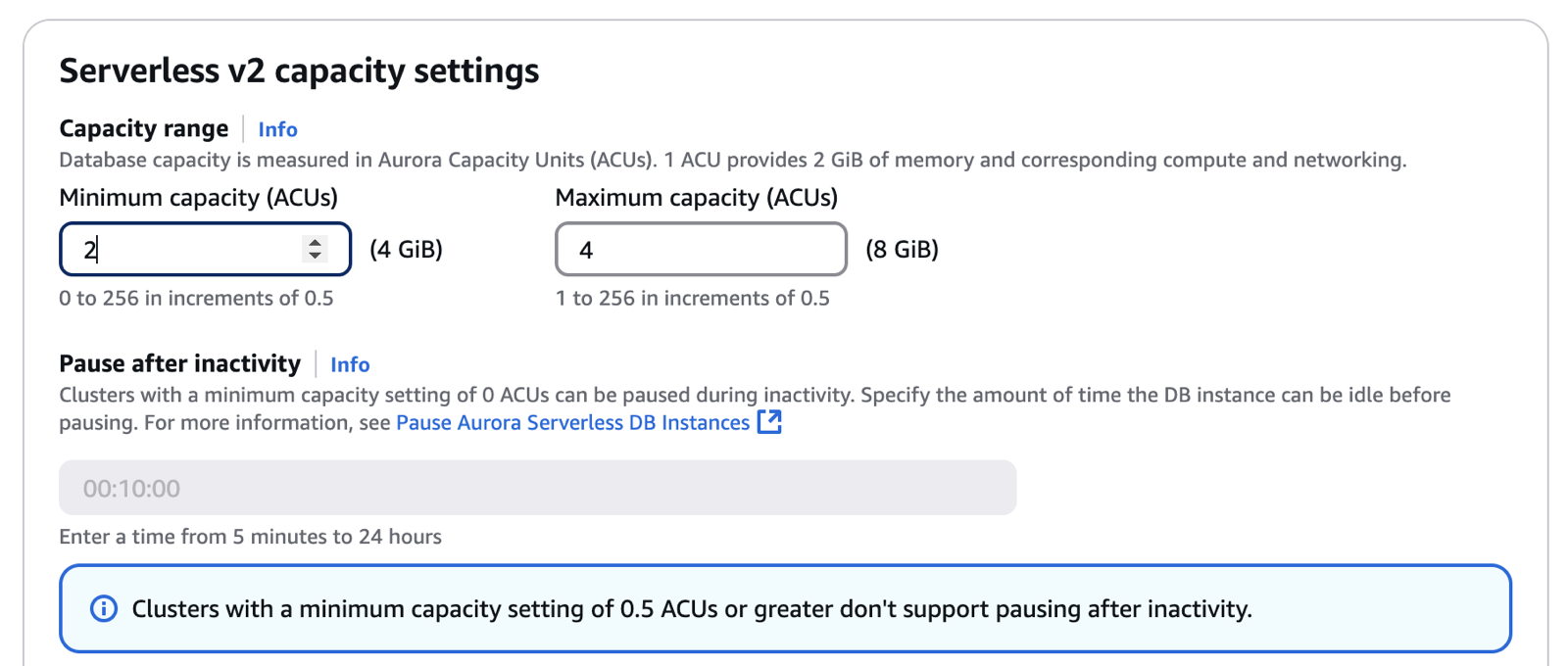 的執行個體組態設定 Aurora Serverless v2.