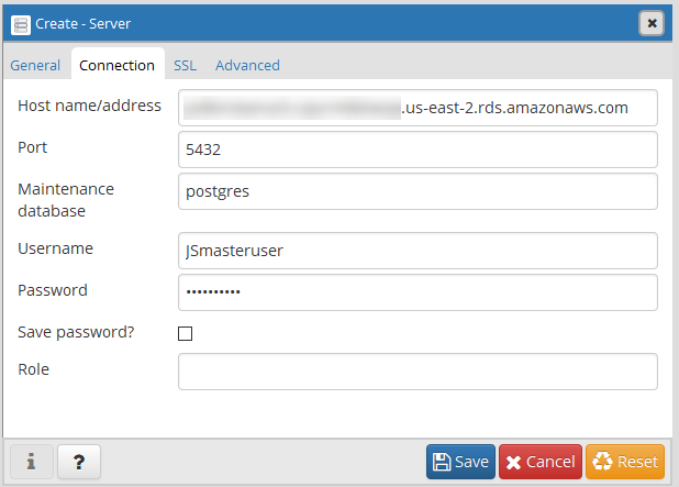 Connection details form for an Amazon RDS PostgreSQL database instance. (AI generated)