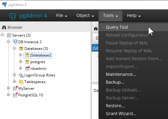 pgAdmin interface showing database instances and tools menu. (AI generated)