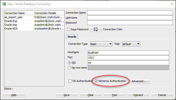 在 Oracle SQL 開發人員中顯示「新增/選取資料庫連線」對話方塊。已選取 [Kerberos 驗證] 核取方塊。