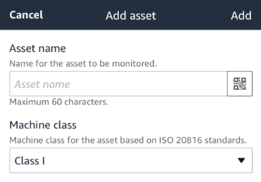 Form for adding an asset with fields for asset name and machine class selection.