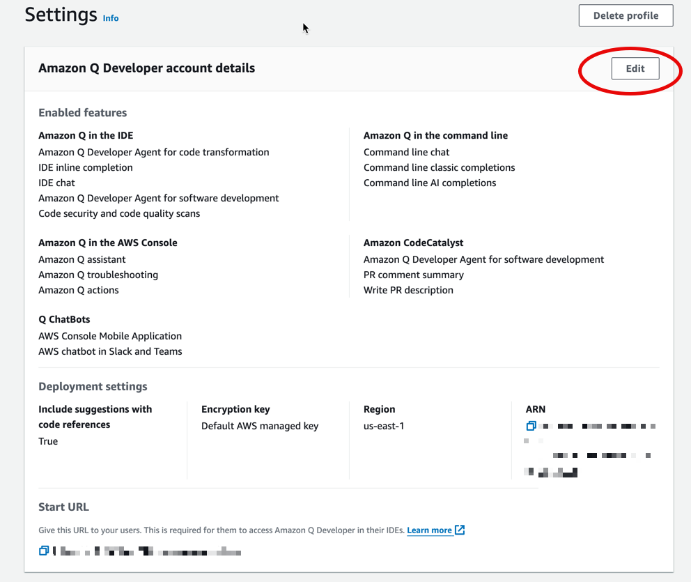 Amazon Q Developer 主控台設定頁面