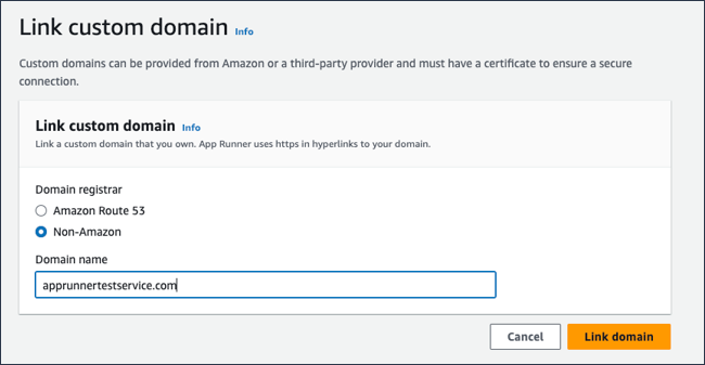 連結自訂網域頁面，顯示非 Amazon 作為選定的網域供應商。