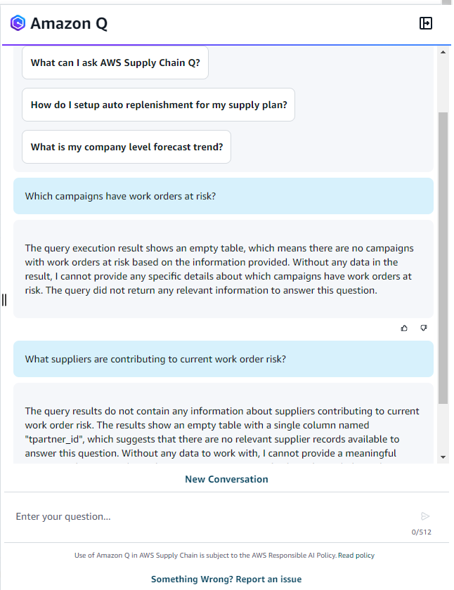 您可以在 中提出的範例 Amazon Q 問題 AWS Supply Chain