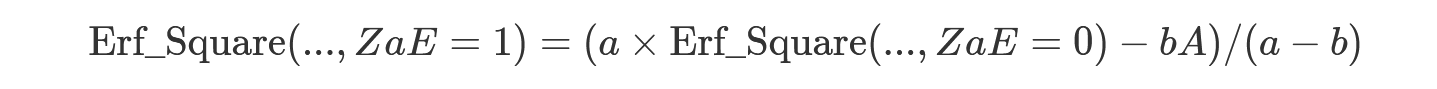 參數 ZaE=1 的重新調整規模 Erf Square 分佈的數學方程式。