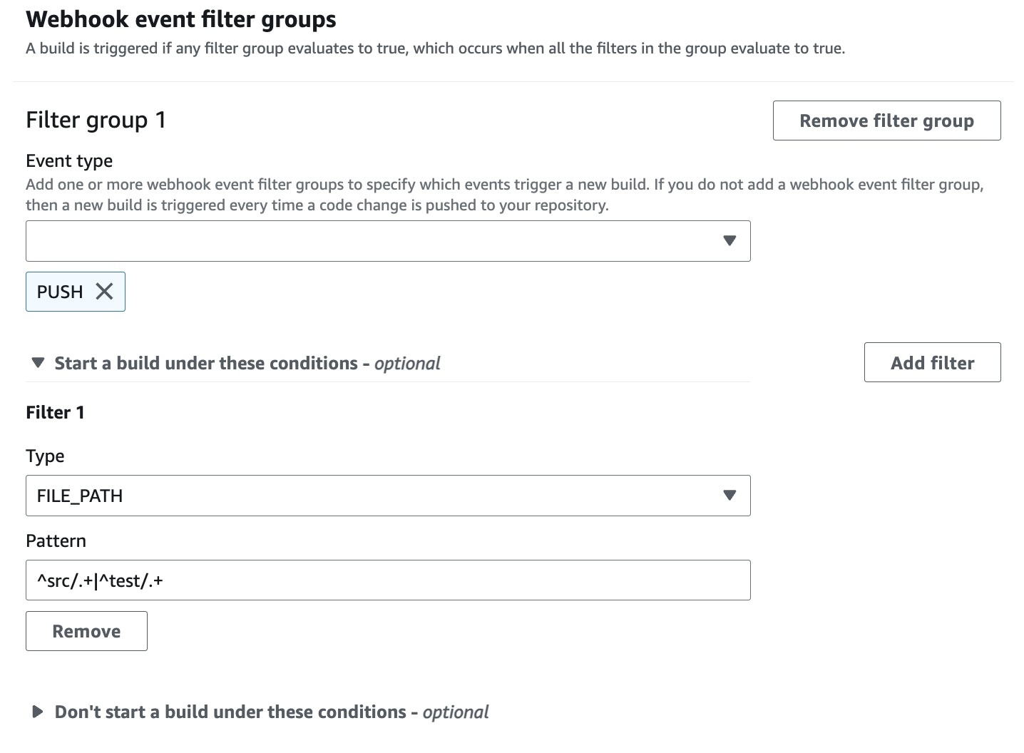 Webhook 篩選條件群組,只有在指定資料夾中變更檔案時才會觸發組建。