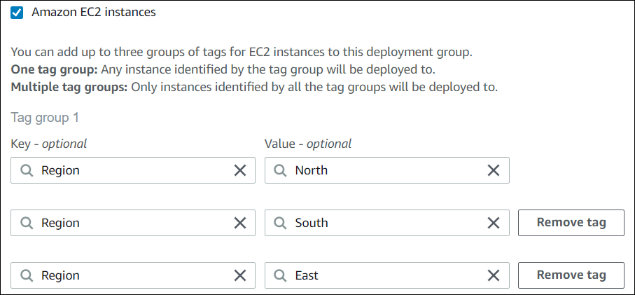 CodeDeploy 主控台會顯示一個標籤群組,其中包含三個標籤。
