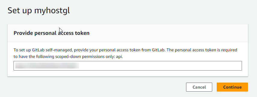 主控台螢幕擷取畫面顯示新主機的 GitLab 自我管理個人存取權杖項目