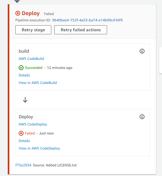 
                具有 CodeCommit 來源階段和 CodeDeploy 部署階段失敗的範例管線
            