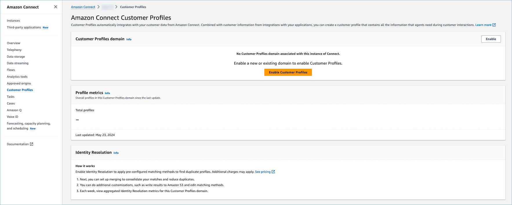 在 Amazon Connect 主控台中啟用客戶設定檔。