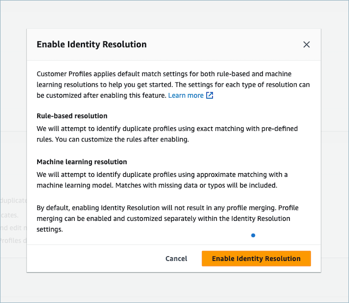Amazon Connect Customer Profiles 頁面，「啟用身分解析」按鈕。