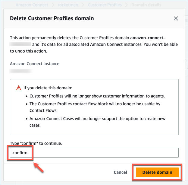「Amazon Connect Customer Profiles 刪除網域」頁面，手動輸入確認後會顯示刪除網域確認按鈕。