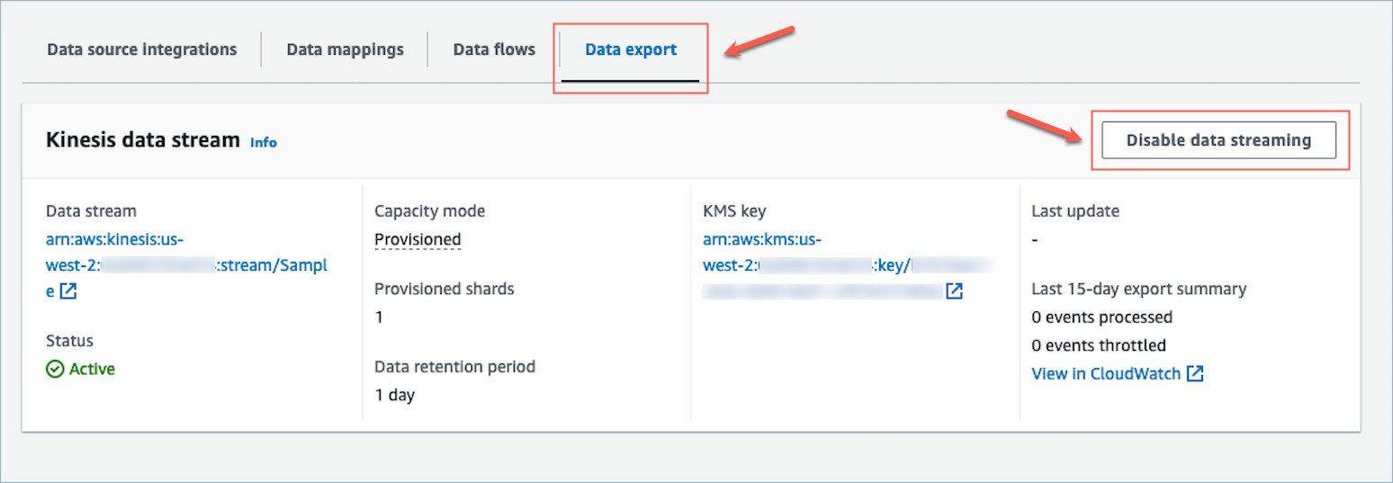 即時資料匯出功能會停用 Kinesis 資料串流。