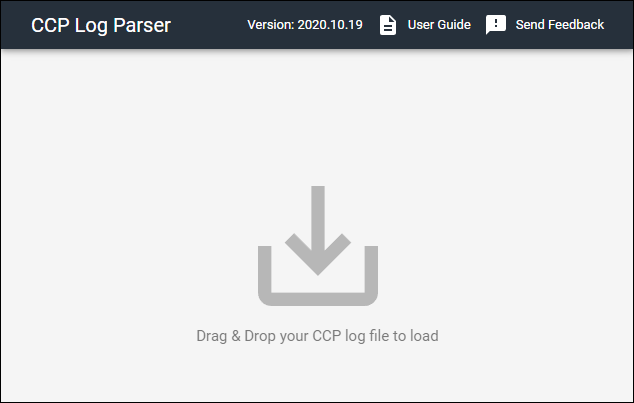 Amazon Connect CCP Log Parser 介面顯示用於分析代理程式日誌的檔案上傳區域。