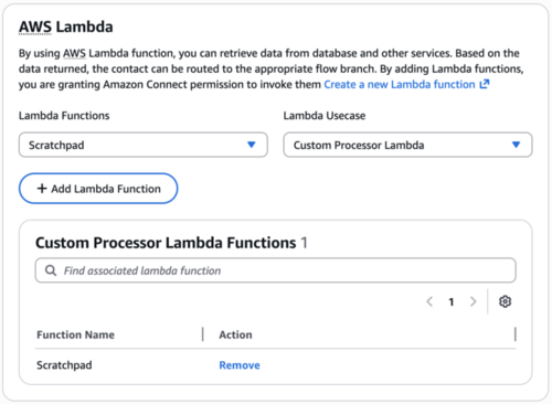 Amazon Connect 主控台中的 Lambda 區段，顯示自訂處理器 Lambda 使用案例選擇。
