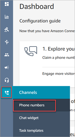 Amazon Connect 導覽選單、頻道圖示、電話號碼選項。